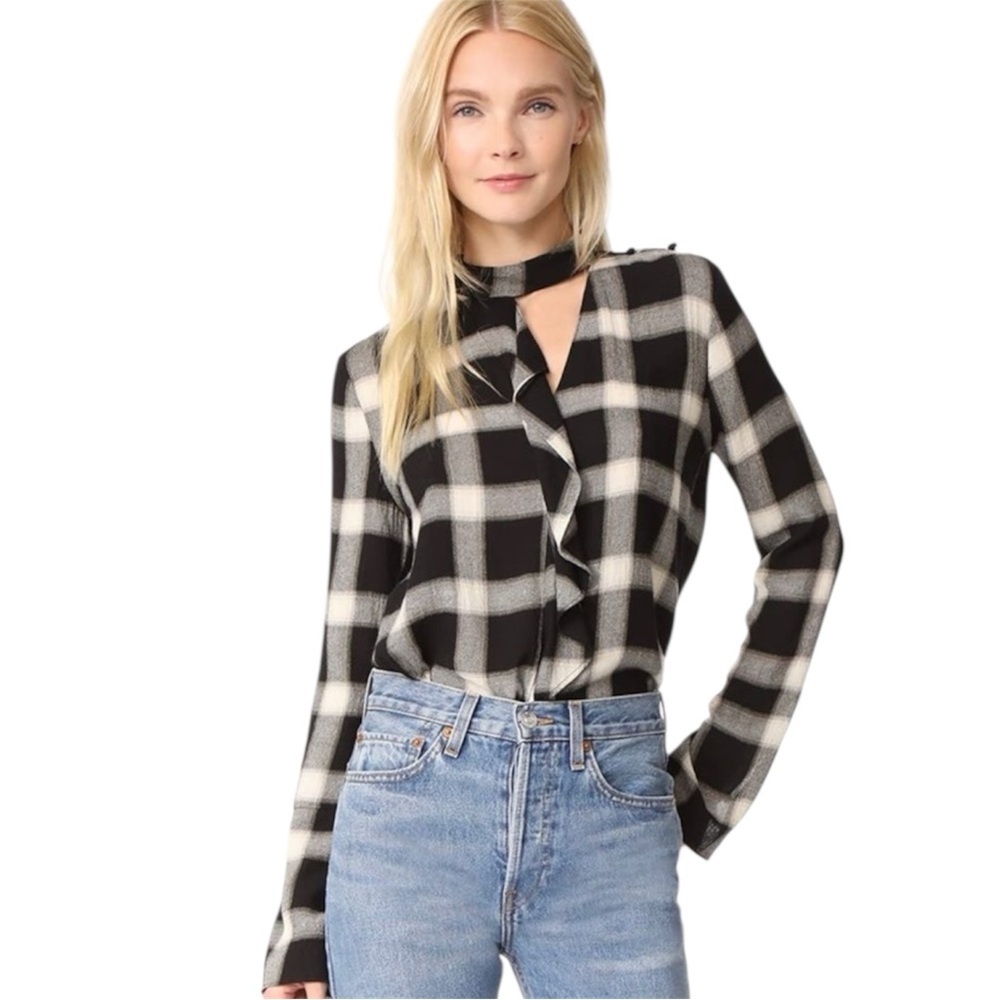 DEREK LAM 10 CROSBY Wool Blend Plaid Ruffle Cascade Blouse Black Beige Small 2